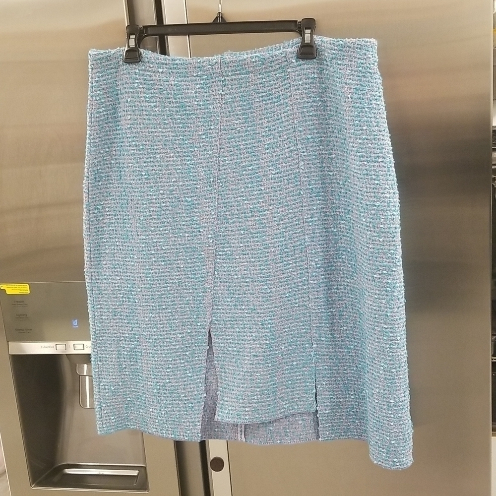 💕ST. JOHN💕 Cotton Blend Confetti Tweed Boucle Metallic Knit Midi Skirt Blue 14